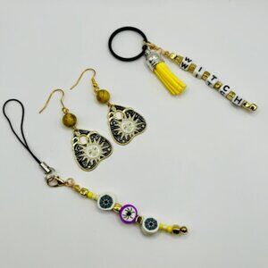 HALLOWEEN Accessory Set PLANCHETTE Earrings, Keychain, Phone Charm WITCH